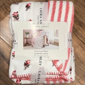 Laura Ashley Pink Floral and Stripe Plush Throw Blanket Reversible